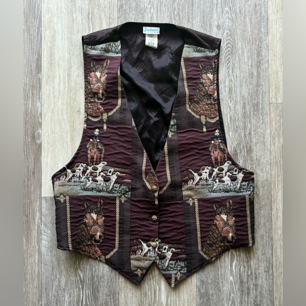 Vintage 90s Backroad Blues Horse And Hound Equestrian Tapestry Vest Size L